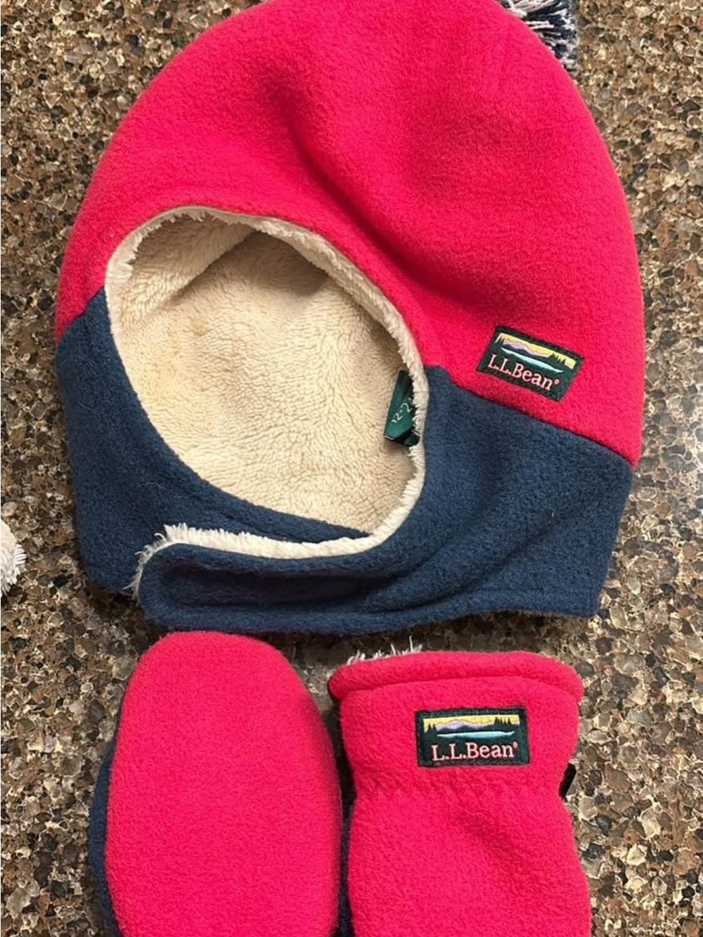 L.L. Bean Kids Fleece Hat, Balaclava & Mitten Set - Pink and Cream and Navy - Picture 3 of 5